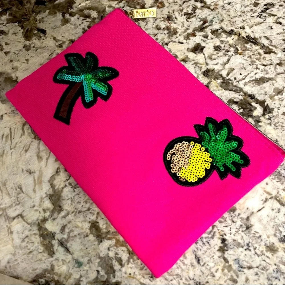 TARTE Tropical Neon Pink Cosmetic Bag Sequined Palm & Pineapple Clutch Gold Zip - Picture 3 of 7